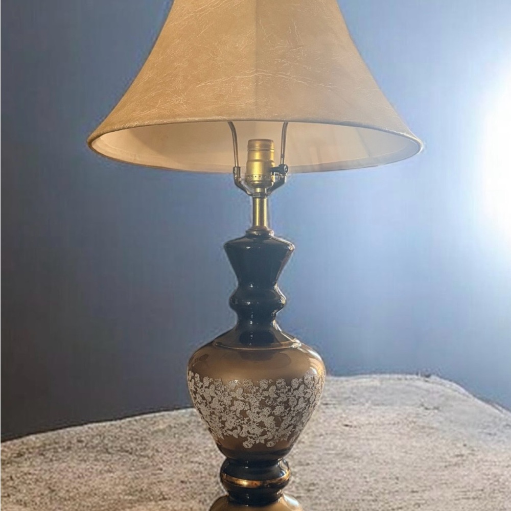 Brown Ceramic Table Lamp with White Floral Motif - Unbranded